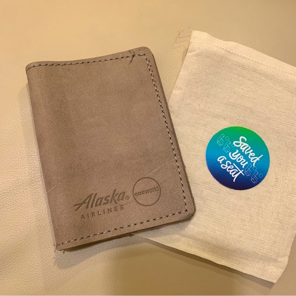 Alaska airlines passport case cover tan neutral New Never used leather? w/ case - Picture 1 of 5